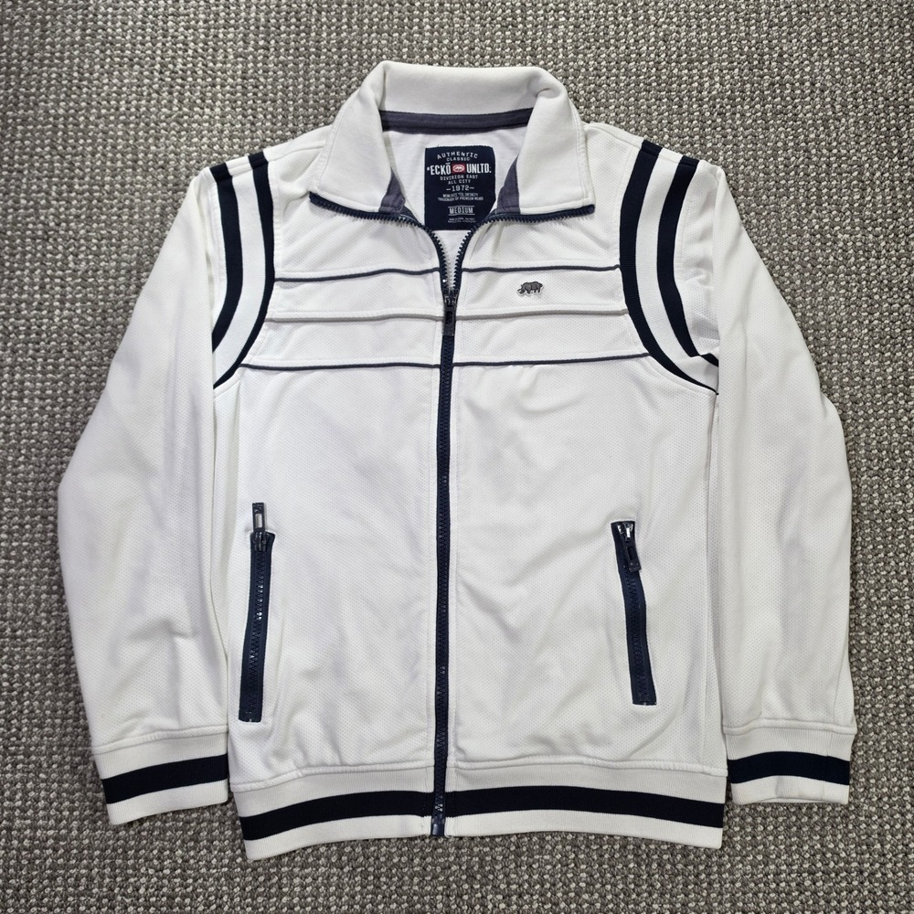 Vintage Ecko Unltd Track Jacket Mens Medium Full Zip Striped Mesh White Navy Y2k
